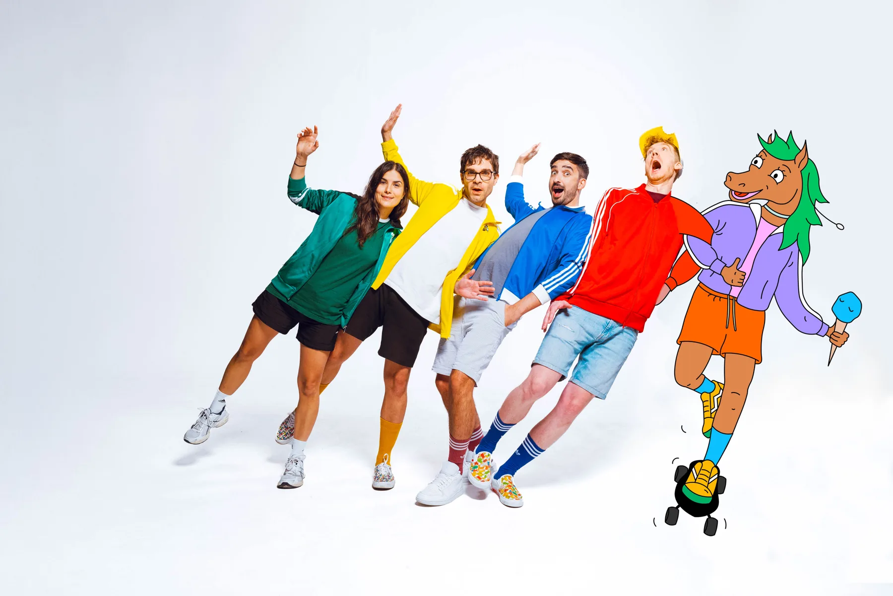 Pressefoto: die Band tanzt in einer Reihe